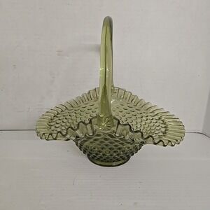 Vintage‎ Fenton Hobnail Basket Green Glass 10"